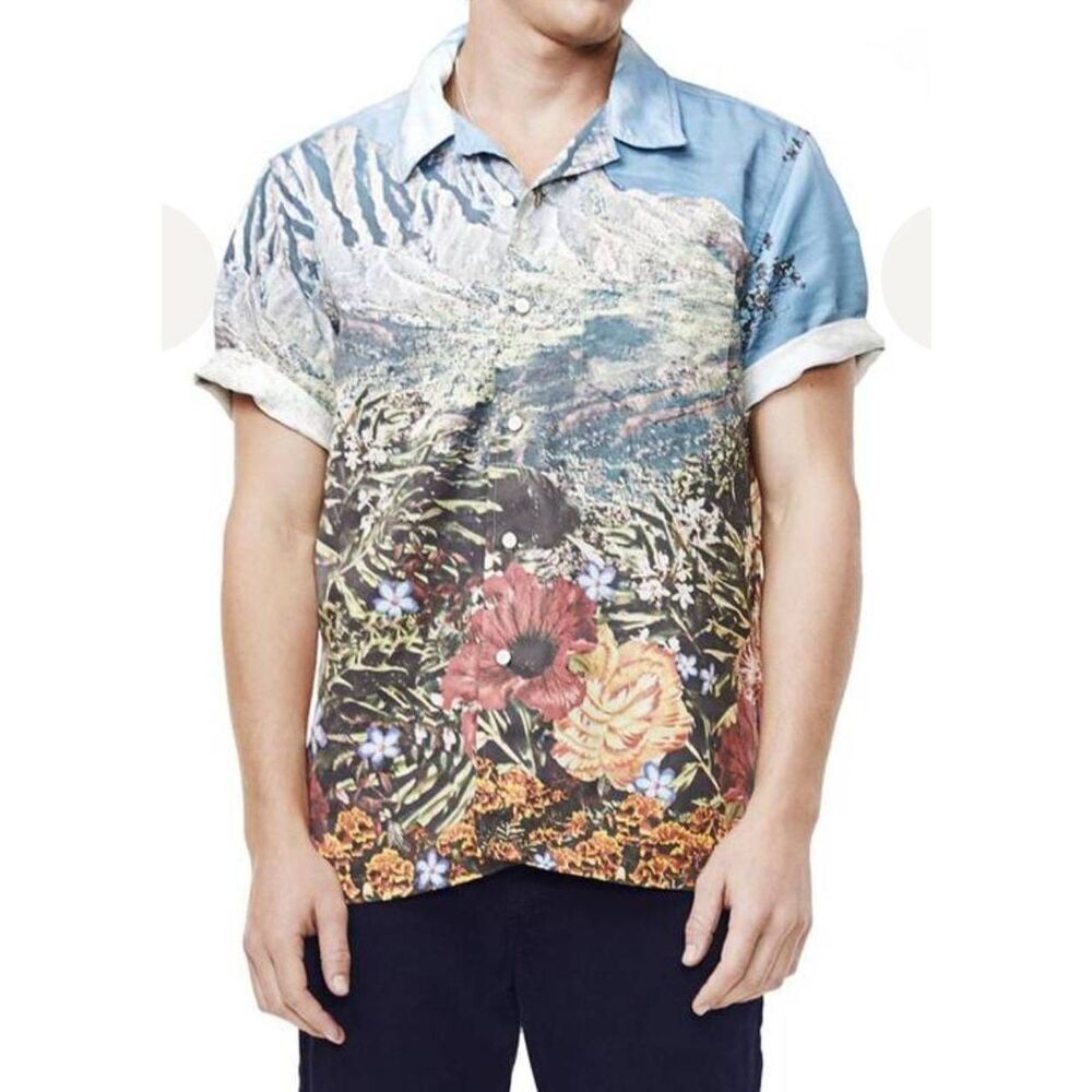 Mother Denim Camp Shirt The Hooky Graphic Print Men M Invited to Party Wash sz S